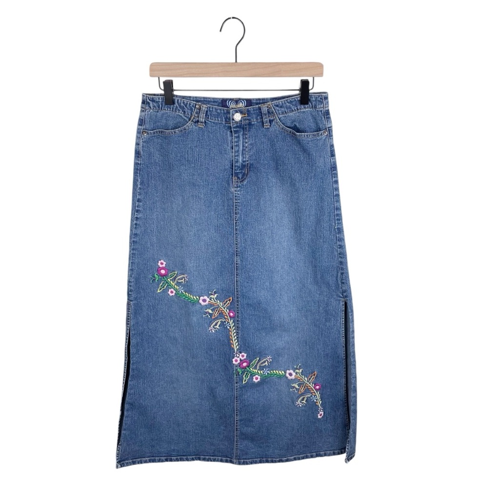 Vintage 90s Y2K Angels Double Slit Denim Maxi Jean Skirt Floral Embroidered 11